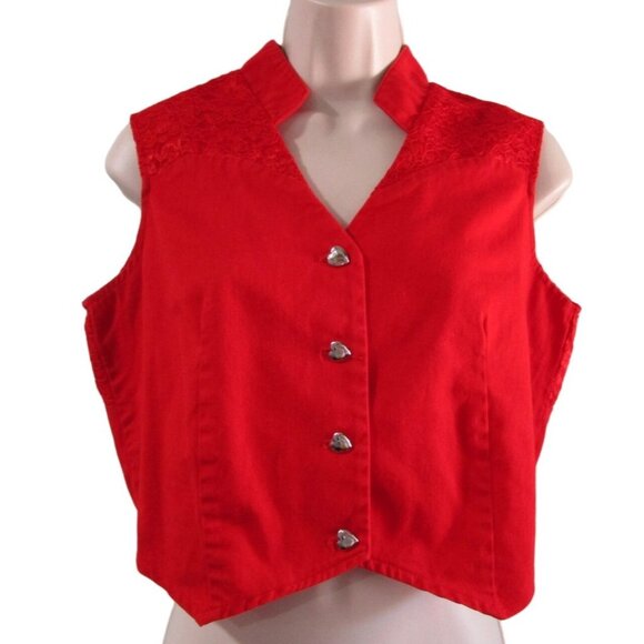 Vintage Banjo Red Heart Cut Out Buttons Crop Top Lace Accent USA Made Ladies M - Picture 3 of 16